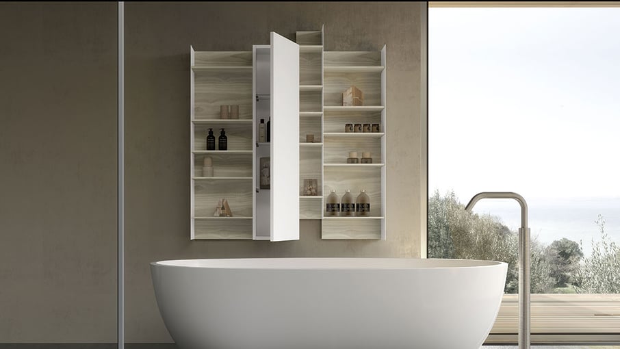 Modular Bathroom Storage | Open Shelf and Closed Cabinets at Hastings